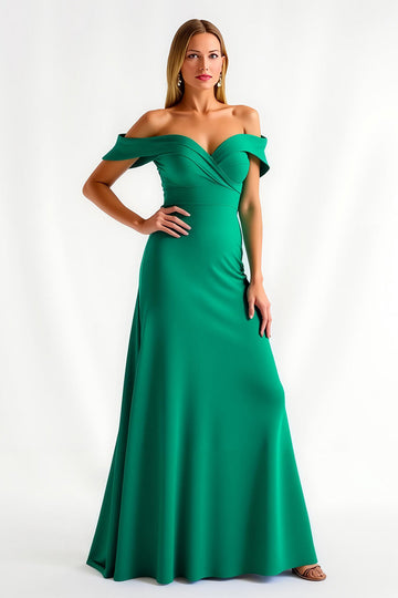 Robe longue de fête de vacances froncée vert foncé à épaules dénudées